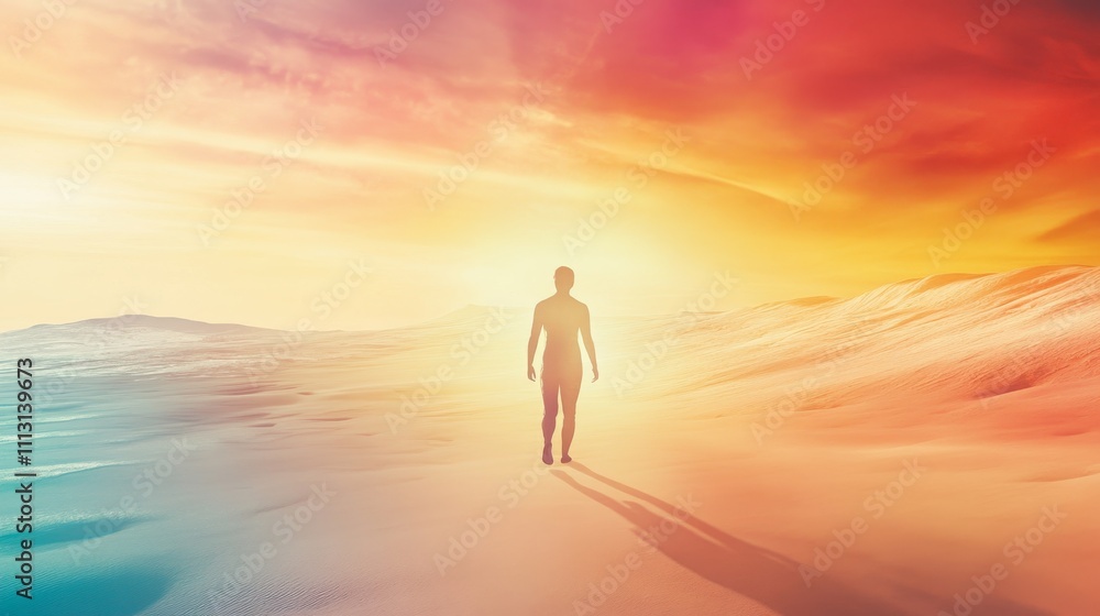 A solitary figure walking in a colorful landscape. A solitary figure walking in a colorful landscape.
