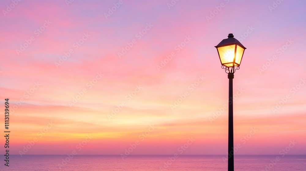 A street lamp illuminates a serene sunset over the ocean. A street lamp illuminates a serene sunset over the ocean.