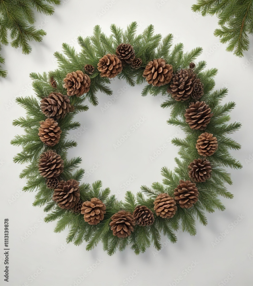 Pinecone Wreath with Spruce Branches on White Background, festive, pinecones, winter Pinecone Wreath with Spruce Branches on White Background, festive, pinecones, winter