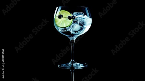 Refreshing Gin and Tonic cocktail in a glass with lime and ice. photo