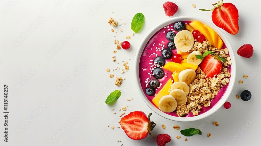 Photorealistic and finely detailed image of a smoothie bowl with assorted fresh fruits and granola
Photorealistic and finely detailed image of a smoothie bowl with assorted fresh fruits and granola