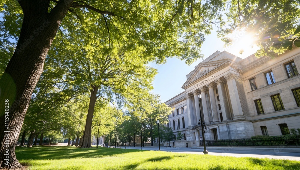 A sunlit view of a grand building surrounded by lush trees. A sunlit view of a grand building surrounded by lush trees.