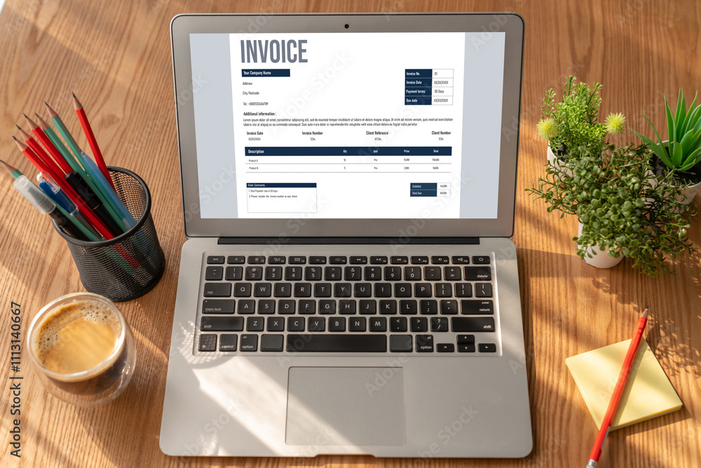 Fototapeta premium Invoice on computer screen from accounting application. Computer program for financial and budget of corporate business. Snugly.