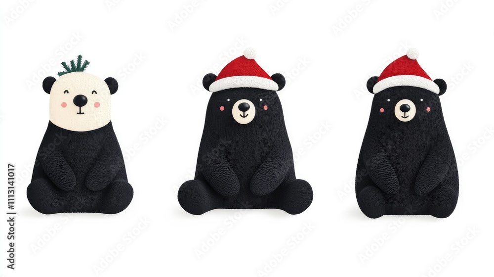 Fototapeta premium Three cute bear figures, one with a green tuft and two wearing Santa hats.
