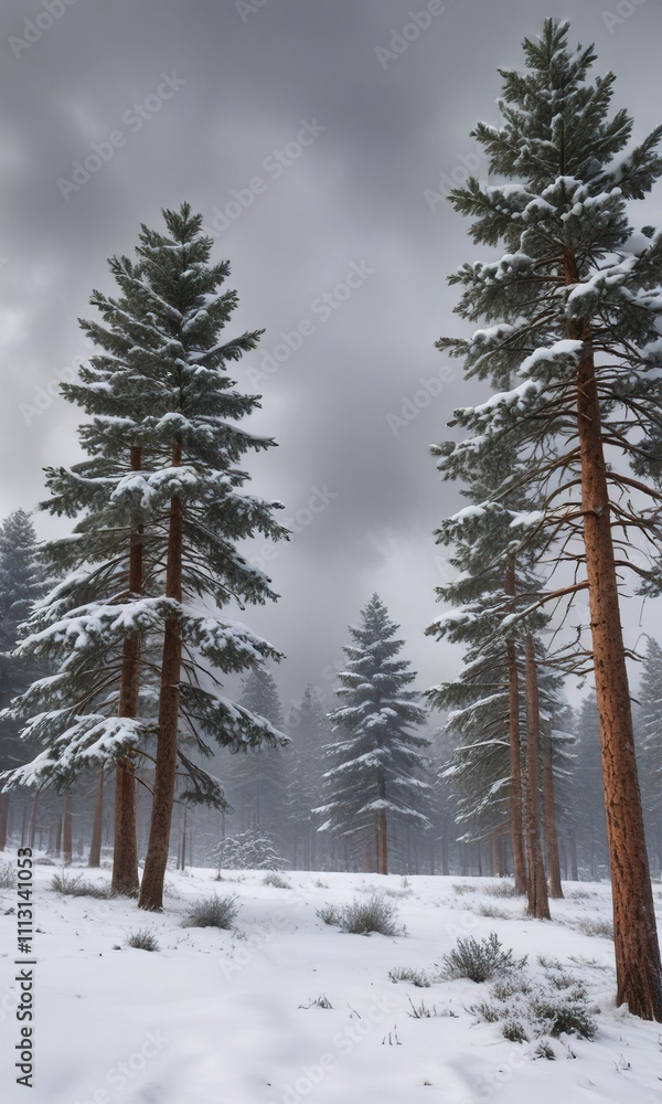 Snow-covered pine trees against a grey winter sky, winter landscape, frozen pine Snow-covered pine trees against a grey winter sky, winter landscape, frozen pine