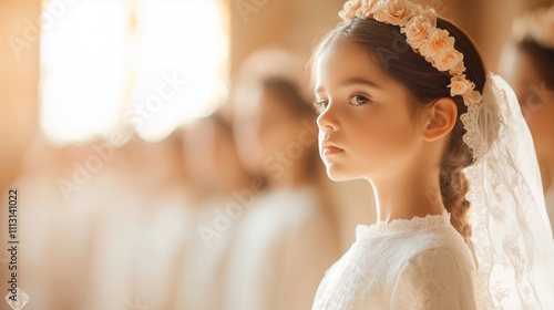 A young girl wearing a delicate lace veil and floral headband stands poised in soft golden light during her First Communion, exuding elegance, innocence, and a sense of spiritual significance. photo