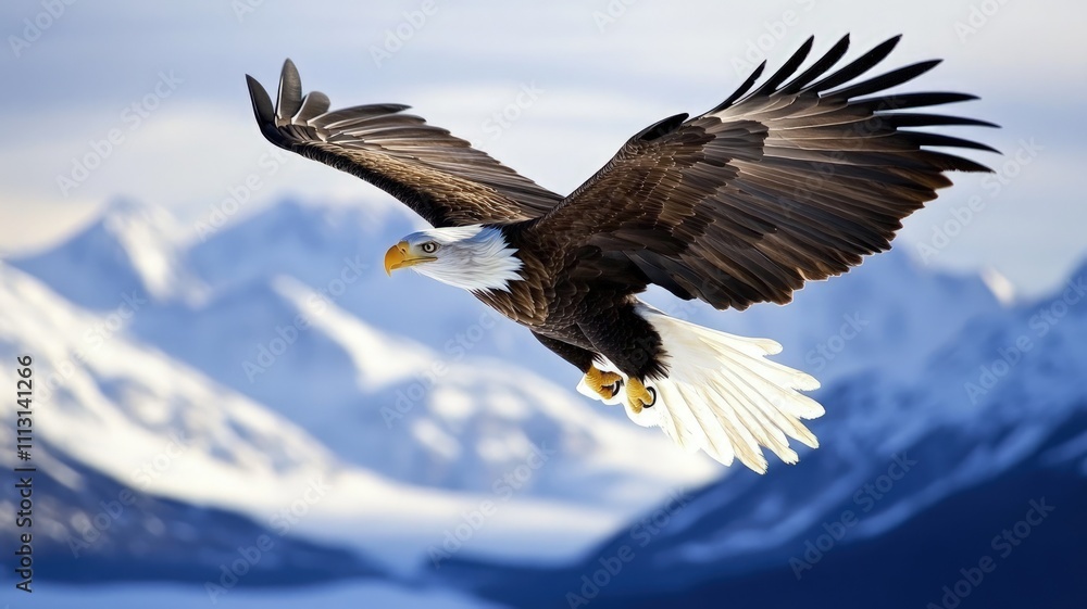 A majestic eagle soaring against a backdrop of snowy mountains. A majestic eagle soaring against a backdrop of snowy mountains.