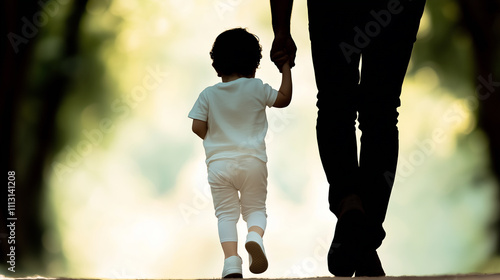 A silhouette of a parent walking hand in hand with their young child on a quiet, tree-lined path, surrounded by soft light and a serene, natural outdoor setting full of tranquility. photo