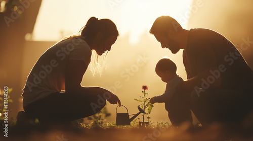 A family of three shares a serene moment gardening together at sunset, with parents teaching their child to water a plant, surrounded by warm golden light and a tranquil outdoor environment. photo