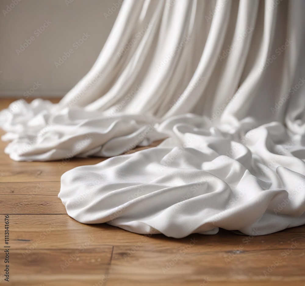 Soft white textile flowing gracefully on wooden surface with neutral backdrop, peaceful, drapery, chic, interior design, serene Soft white textile flowing gracefully on wooden surface with neutral backdrop, peaceful, drapery, chic, interior design, serene