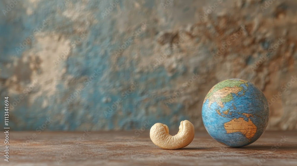 Cashew nut next to small globe, representing global trade Cashew nut next to small globe, representing global trade