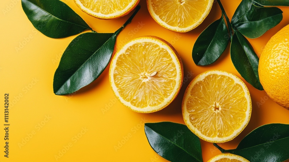 Fresh lemon slices with green leaves on a yellow background Fresh lemon slices with green leaves on a yellow background