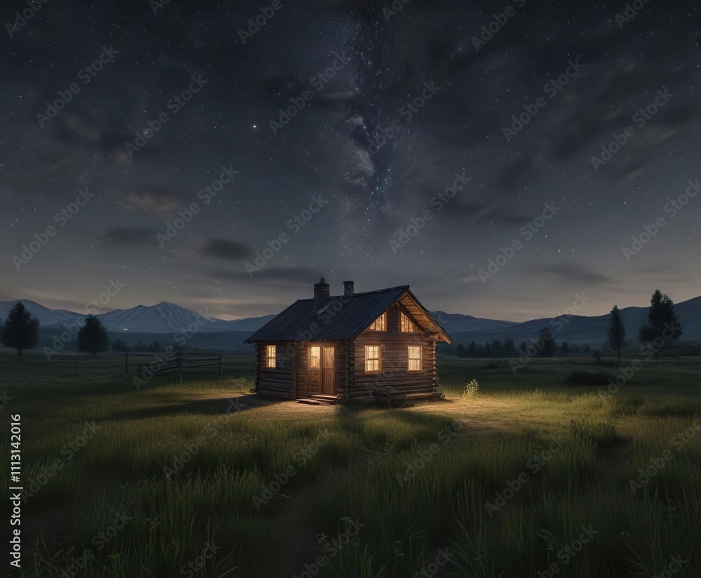 Starlight and a small cabin in the distance with a vast open field, open space, peaceful Starlight and a small cabin in the distance with a vast open field, open space, peaceful