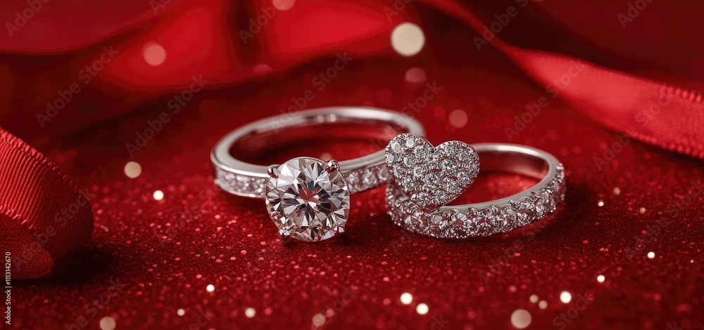 Two elegant diamond rings on a sparkling red background, perfect for engagement or gifts. Two elegant diamond rings on a sparkling red background, perfect for engagement or gifts.