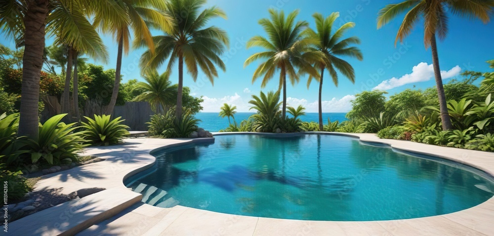 Tropical palm trees surrounding a vibrant blue pool water background with exotic plants, exotic plants, vibrant colors, blooming flowers Tropical palm trees surrounding a vibrant blue pool water background with exotic plants, exotic plants, vibrant colors, blooming flowers