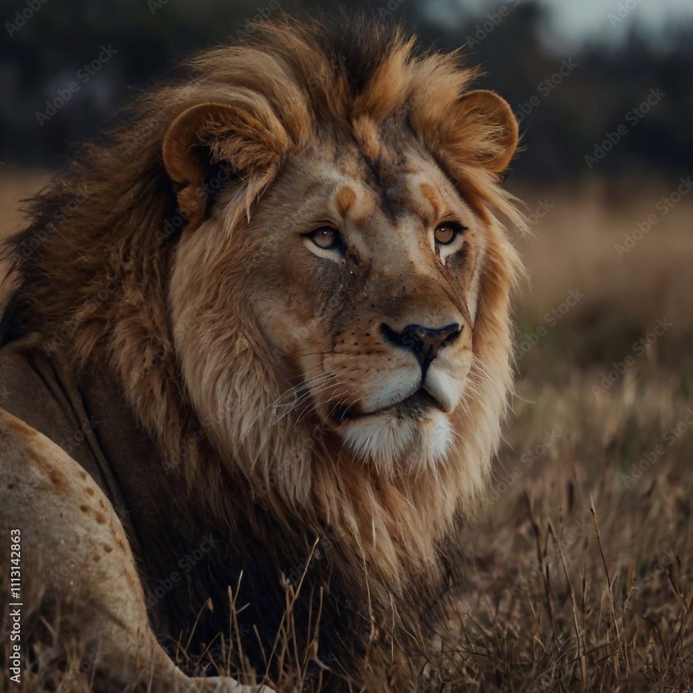 Portrait of a lion, an African predator of the feline family of mammals. The animal is large with a thick mane. Portrait of a lion, an African predator of the feline family of mammals. The animal is large with a thick mane.