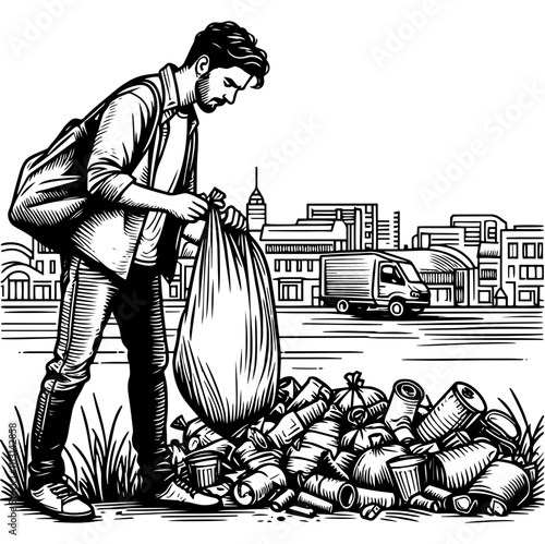 Homeless man searching for empty bottles in trash can. Living in streets concept, generative ai.