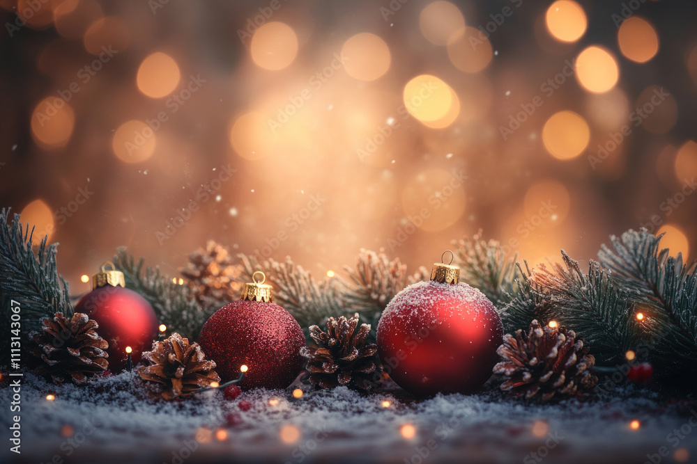 Christmas balls and pine cones on snow-covered ground, creating a festive winter scene. Christmas balls and pine cones on snow-covered ground, creating a festive winter scene.