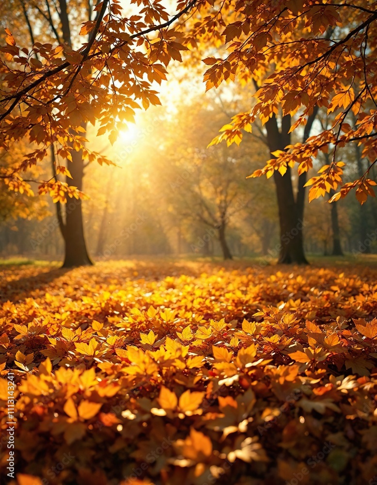 Warm light illuminates a bed of golden leaves, autumn landscape, golden leaves Warm light illuminates a bed of golden leaves, autumn landscape, golden leaves