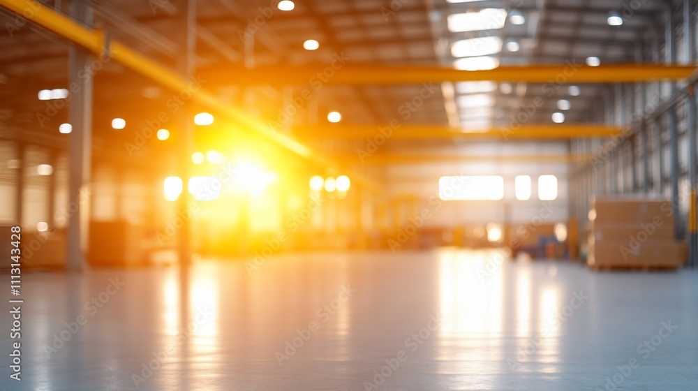Fototapeta premium Bright industrial warehouse interior with sunlight streaming in.