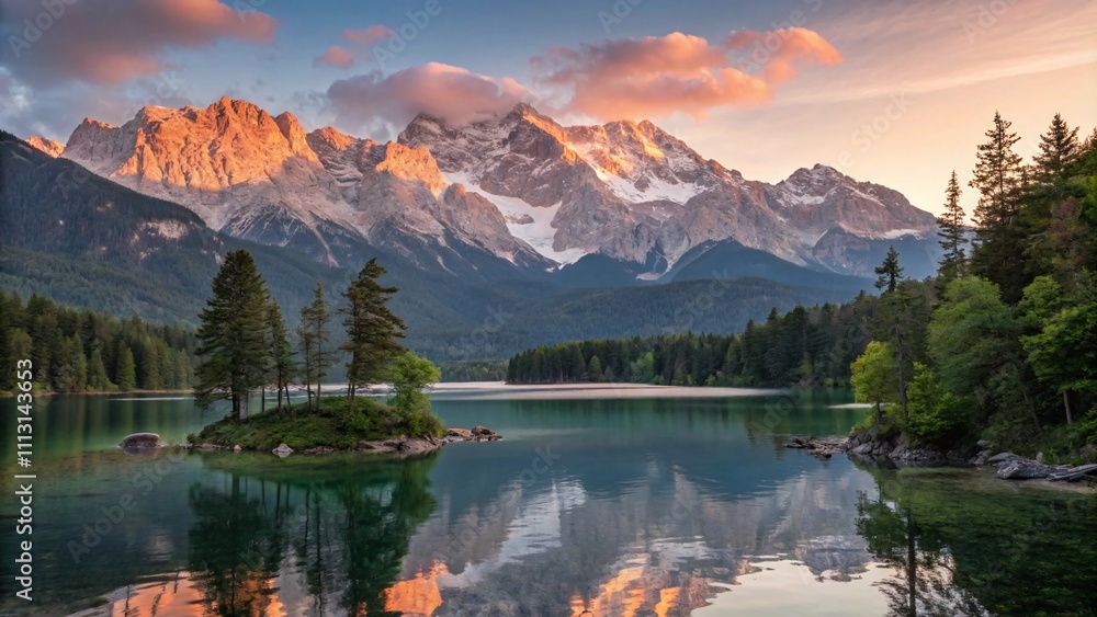 Summer sunrise at Eibsee lake, Zugspitze, German Alps Summer sunrise at Eibsee lake, Zugspitze, German Alps