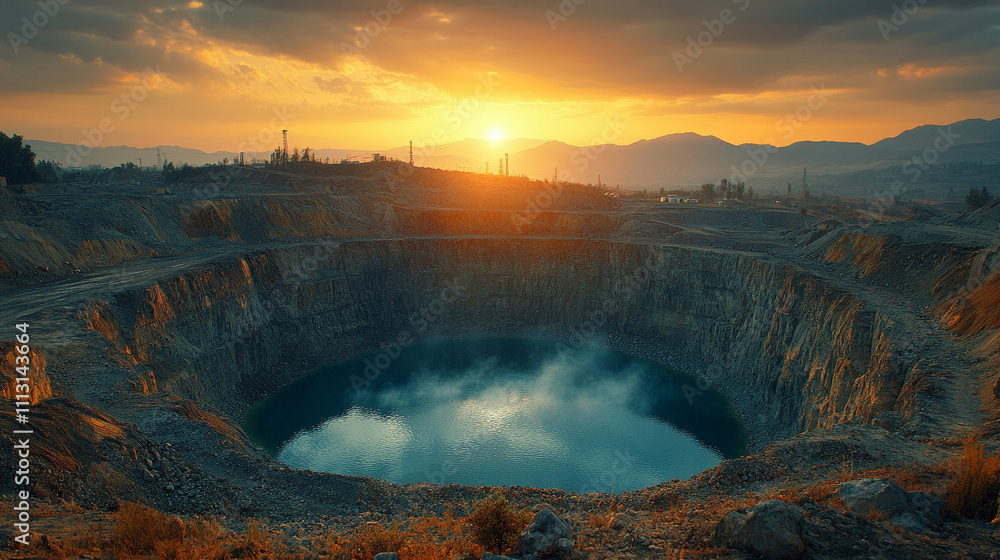 Fototapeta premium open-pit mine with water pools, revealing vibrant mineral layers and massive scale. A visual metaphor for industrial impact, environmental transformation, and natural resource extraction