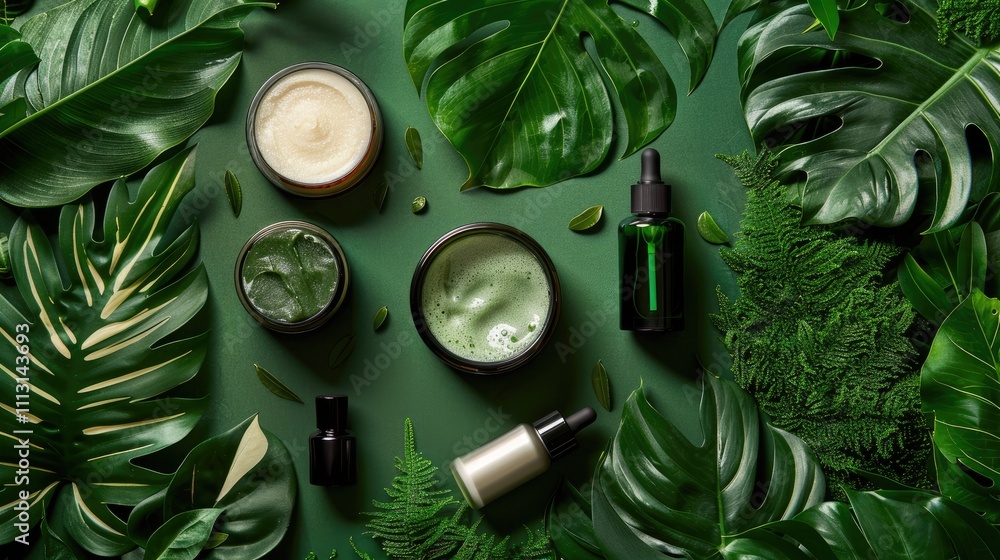 A flat lay of skincare products surrounded by lush green leaves. A flat lay of skincare products surrounded by lush green leaves.
