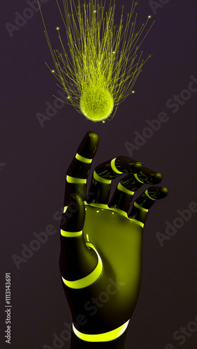 Robot hand grasps glowing energy orb of AI photo