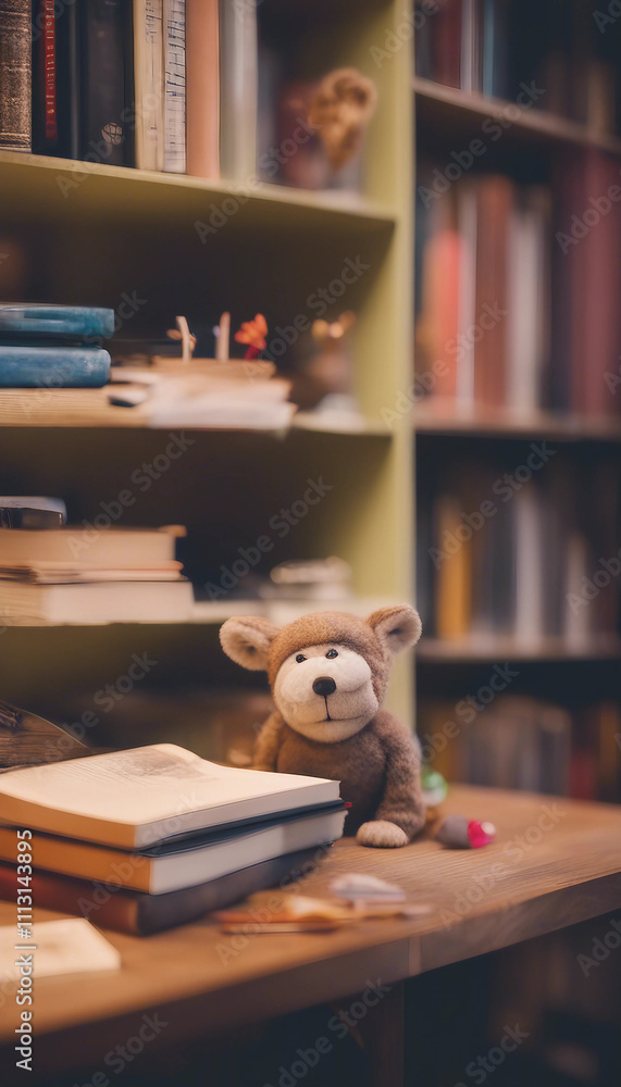 A cozy study space with colorful books and cheerful decorations featuring a playful character vertic A cozy study space with colorful books and cheerful decorations featuring a playful character vertic