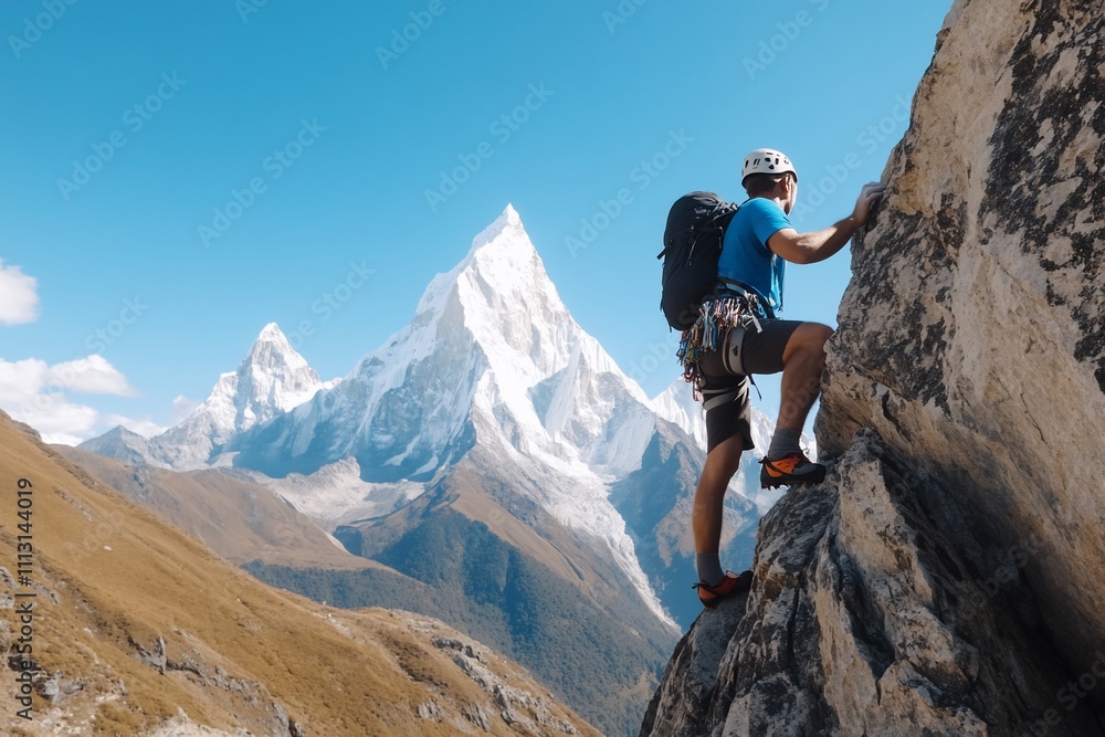 Obraz premium Climber scaling a rocky peak with majestic mountains in the background.