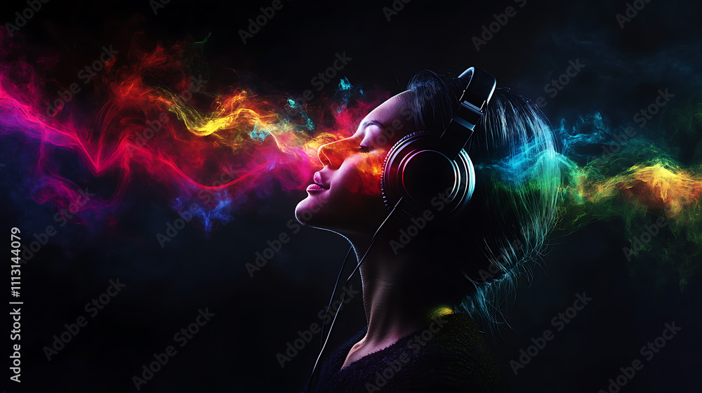 Fototapeta premium Woman enjoying vibrant music, colorful smoke emanating from headphones.