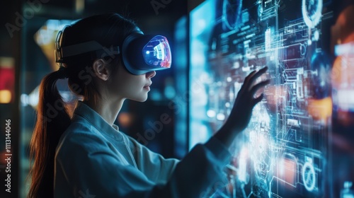 Woman wearing VR headset interacting with holographic display.