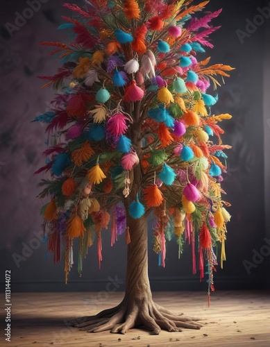 Whimsical, colorful tree with tassel trimmings and feathers, unique, whimsical photo