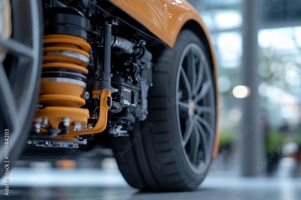 Close-up of a car's suspension and wheel assembly. Close-up of a car's suspension and wheel assembly.