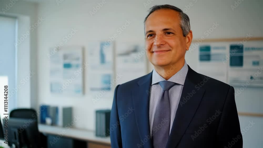 A well-dressed White man in a modern office radiates professionalism and approachability