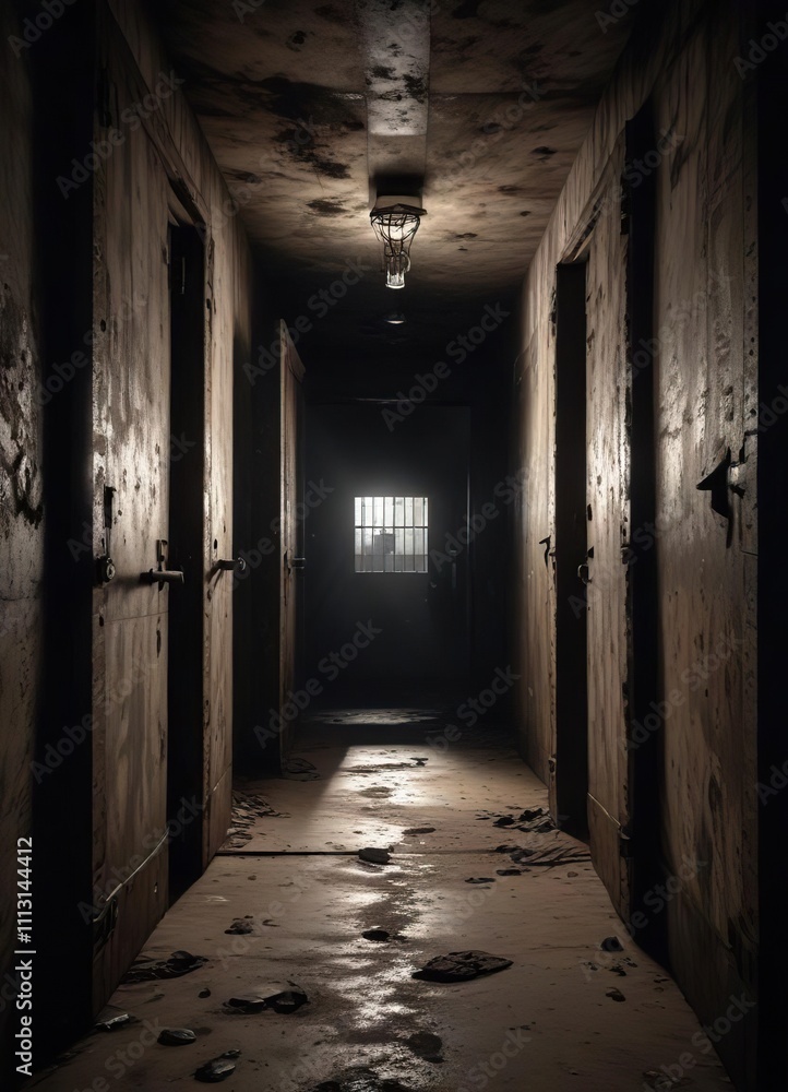 Fototapeta premium Abandoned prison cells with open doors and darkness , darkness, desolate