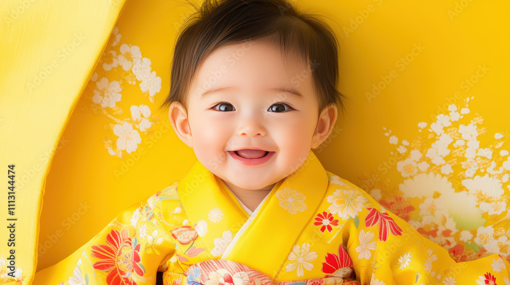 Adorable Baby in Traditional Kimono with Bright Yellow Background Smiling Joyfully, Celebrating Cultural Heritage with Floral Patterns and Charming Expression Adorable Baby in Traditional Kimono with Bright Yellow Background Smiling Joyfully, Celebrating Cultural Heritage with Floral Patterns and Charming Expression
