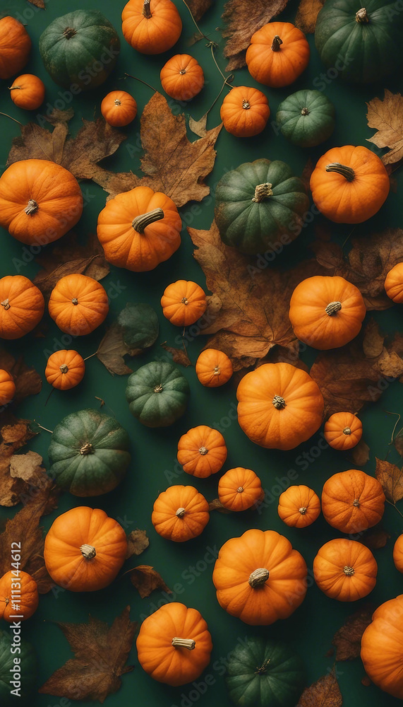 Background with orange pumpkins and fall leaves on a green background Thanksgiving day concept verti Background with orange pumpkins and fall leaves on a green background Thanksgiving day concept verti