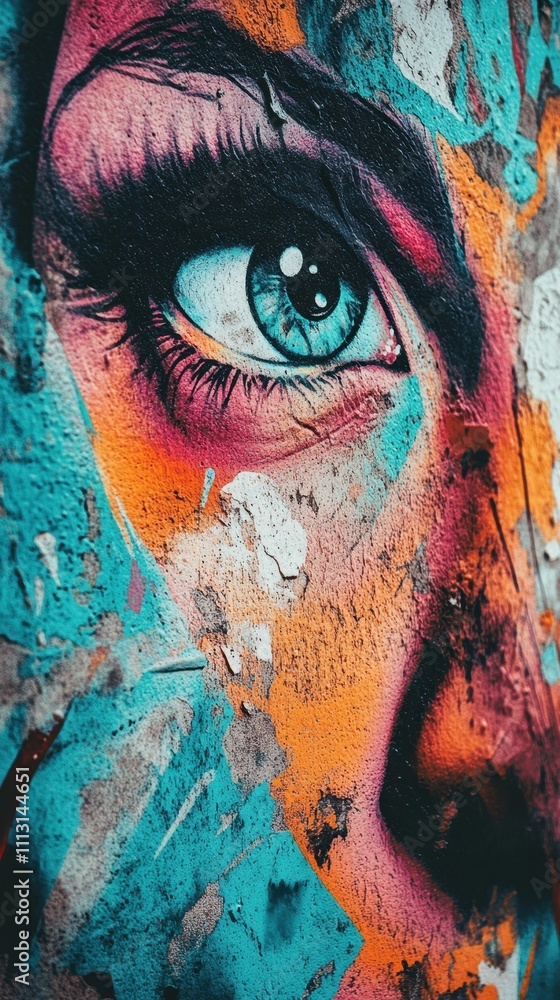 Vibrant painted eye, textured surface, graffiti art. Vibrant painted eye, textured surface, graffiti art.