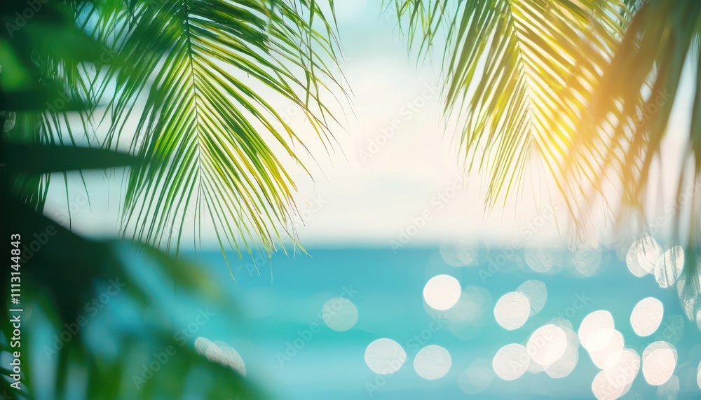 Blurred sky and sea with bokeh light and leaves of a palm tree. Tropical summer concept. Creative banner. Copy space image Blurred sky and sea with bokeh light and leaves of a palm tree. Tropical summer concept. Creative banner. Copy space image