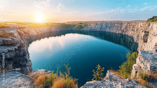 open-pit mine with water pools, revealing vibrant mineral layers and massive scale. A visual metaphor for industrial impact, environmental transformation, and natural resource extraction
