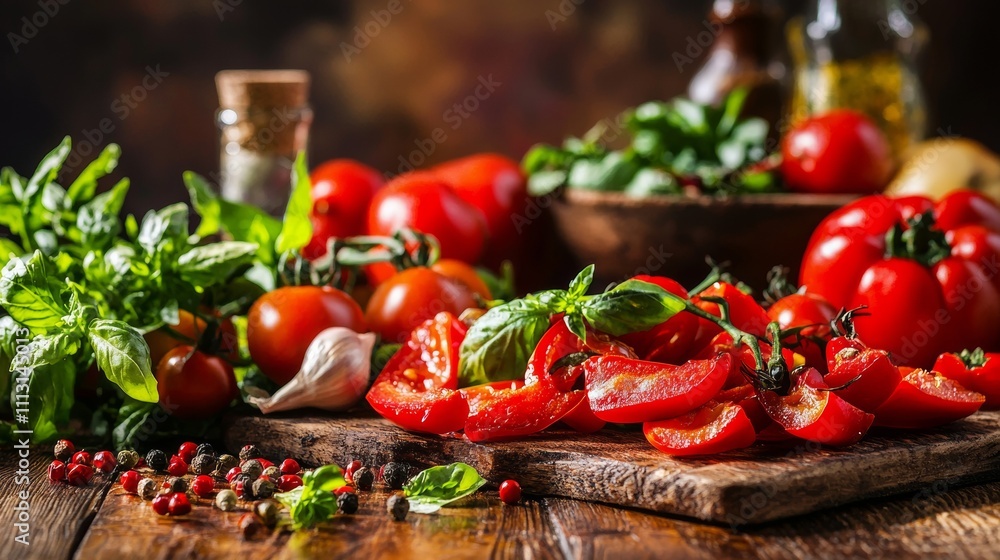 Fresh tomatoes and basil with spices on a rustic wooden surface Fresh tomatoes and basil with spices on a rustic wooden surface