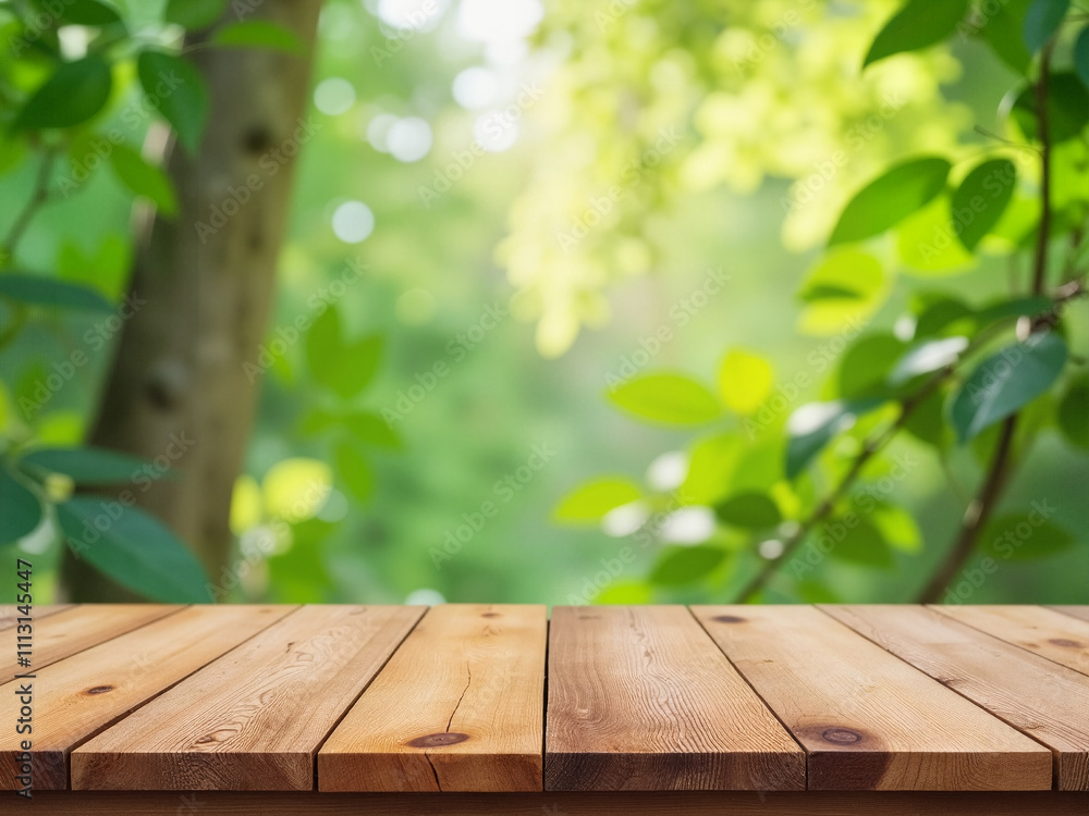 Empty wood table top on blur abstract green from garden and home area background Empty wood table top on blur abstract green from garden and home area background