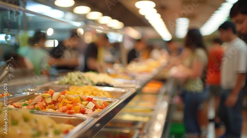 Blurry glimpses of students indulging in delicious treats and snacks at the fairs food court. photo