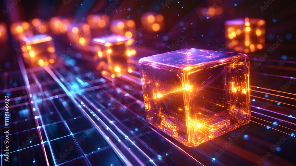 Glowing Cubes Moving Along Futuristic Grid Lines Glowing Cubes Moving Along Futuristic Grid Lines