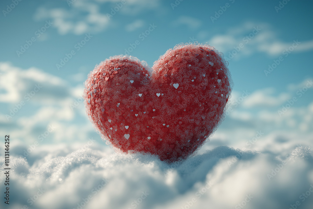 Frosted Red Heart on Snow with a Cloudy Sky Background Frosted Red Heart on Snow with a Cloudy Sky Background
