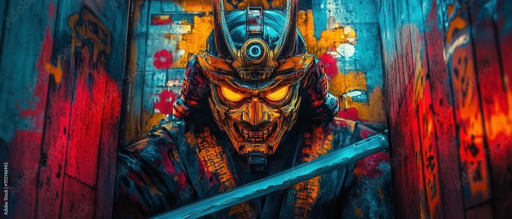 Robotic samurai, glowing mask, urban backdrop, katana. Robotic samurai, glowing mask, urban backdrop, katana.