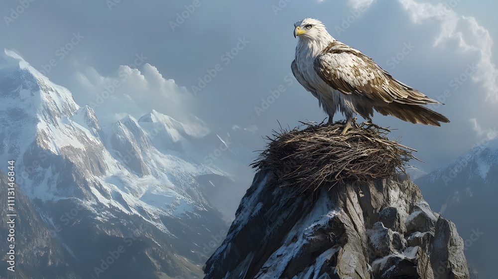 Fototapeta premium A candid view of a griffin protecting its nest atop a craggy peak, its piercing gaze scanning the skies.