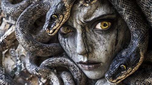 A realistic image of a gorgon turning to gaze at a statue frozen in fear, her snakes writhing calmly. photo