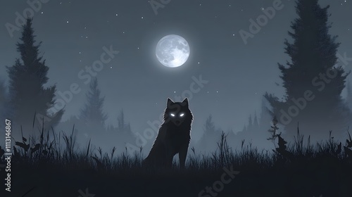 A minimalist view of a werewolf standing in a moonlit clearing, its eyes glowing faintly in the otherwise neutral scene. photo